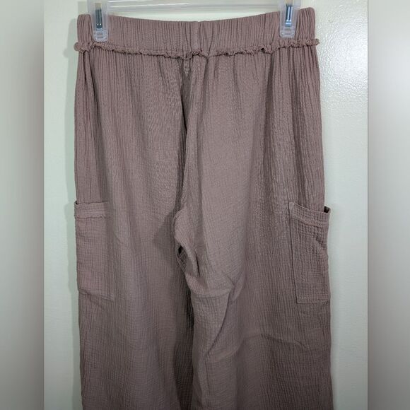 Monrow Gauze Wide Leg Cargo in Pecan Cotton Pull On Elastic High Waist Size XS - Picture 9 of 12